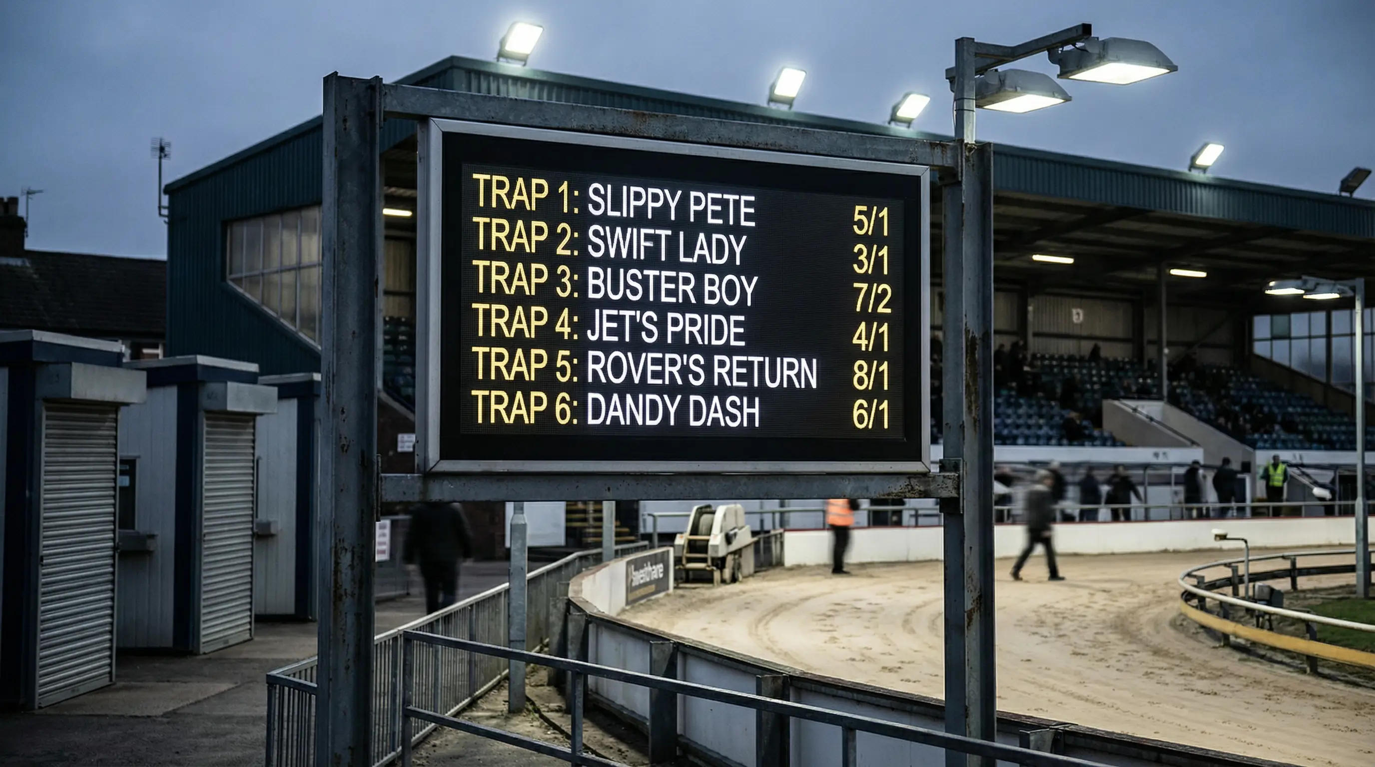 Betting odds board at a British greyhound track displaying prices for a six-dog race
