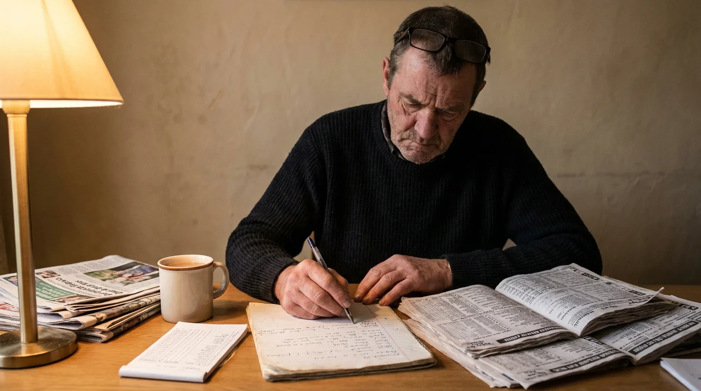 Punter studying greyhound form data and sectional times on a notebook at a racing venue