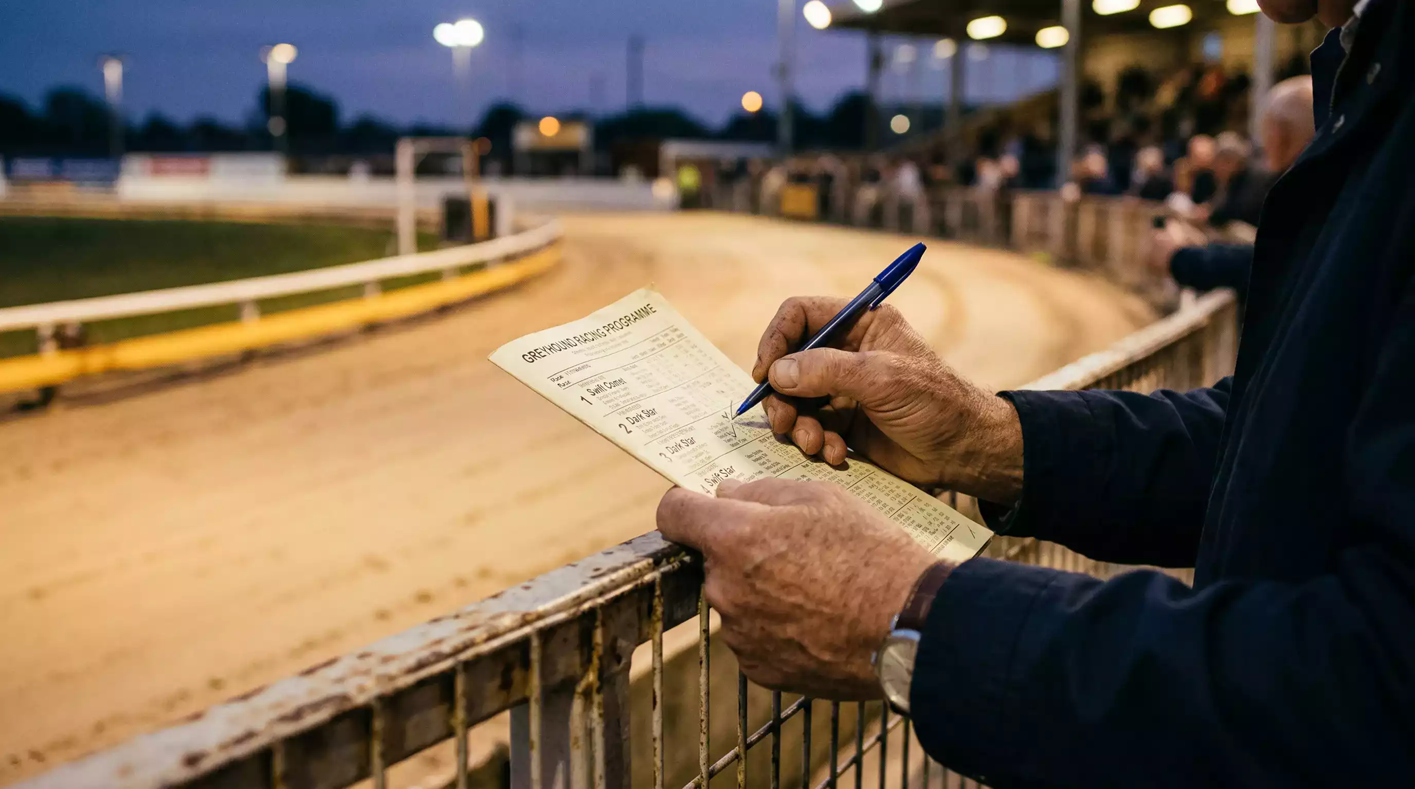 Punter studying greyhound betting odds on a racecard at Kinsley stadium