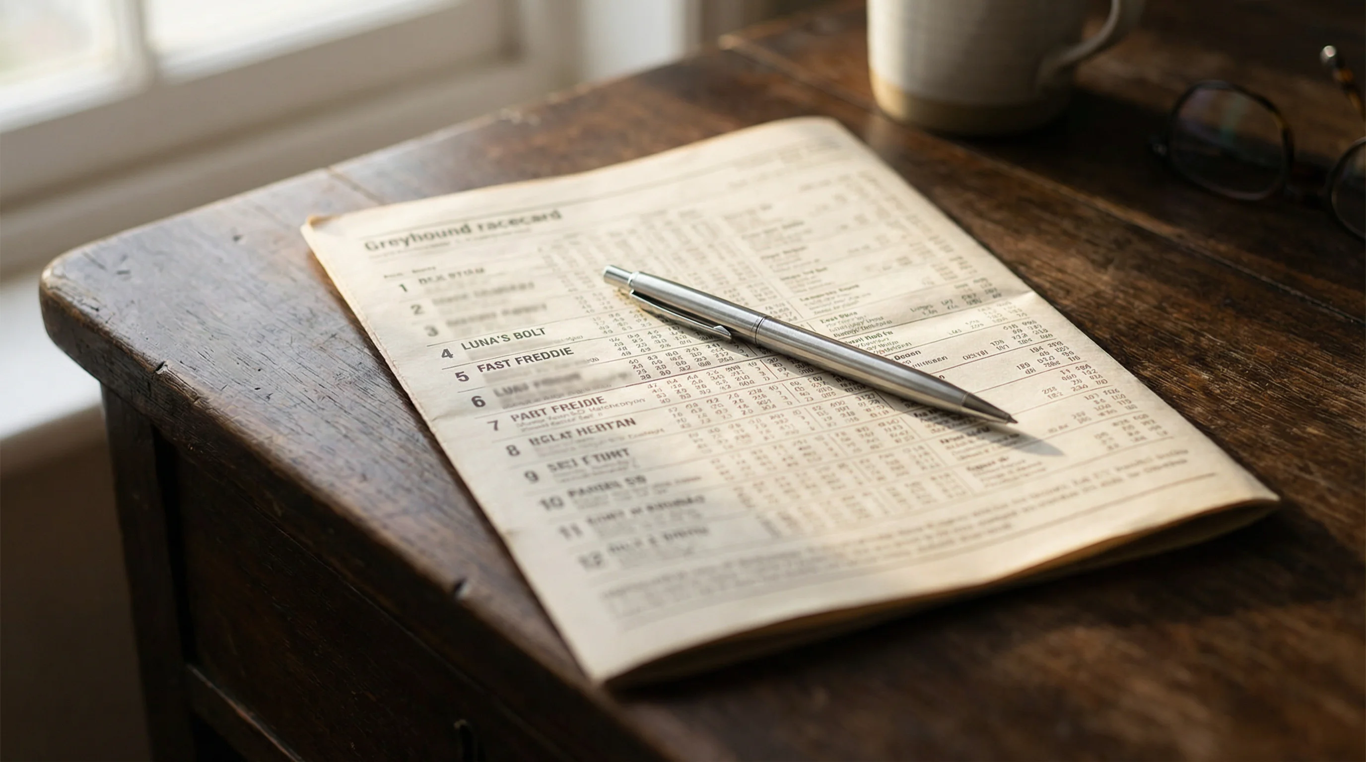Kinsley greyhound racecard with form figures and race data on a desk beside a pen
