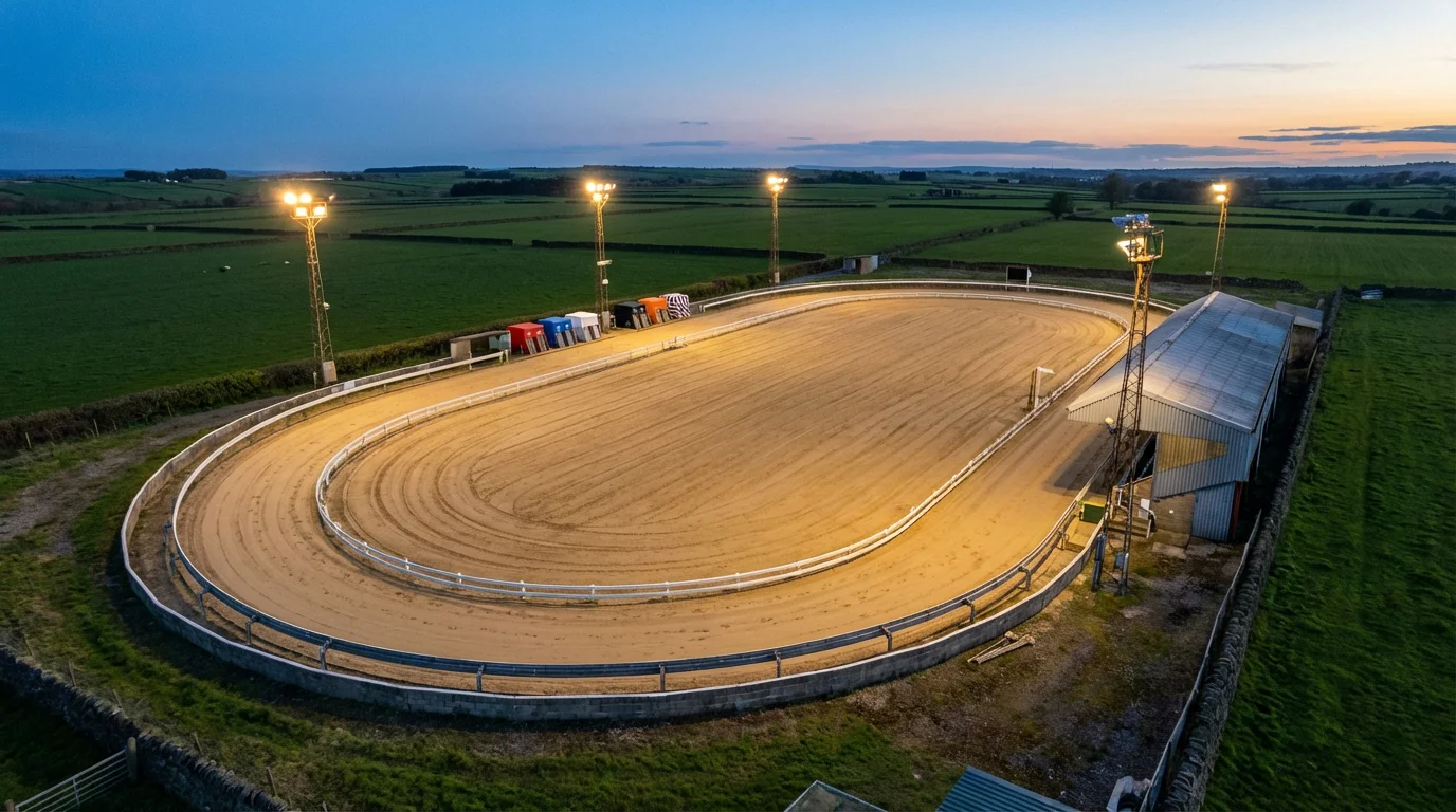 Aerial view of Kinsley Greyhound Stadium showing the sand track, bends and running rail under floodlights