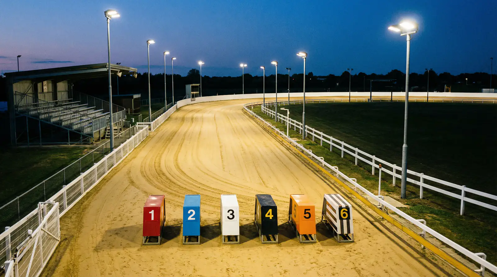Aerial view of Kinsley greyhound stadium sand track with starting traps and floodlights