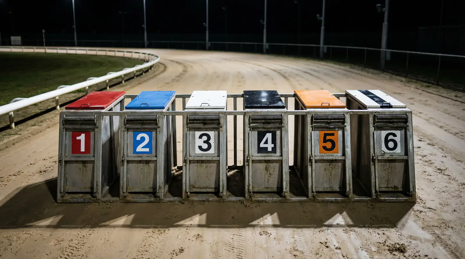 Six greyhound starting traps with coloured lids at a GBGB-licensed track ready for a race